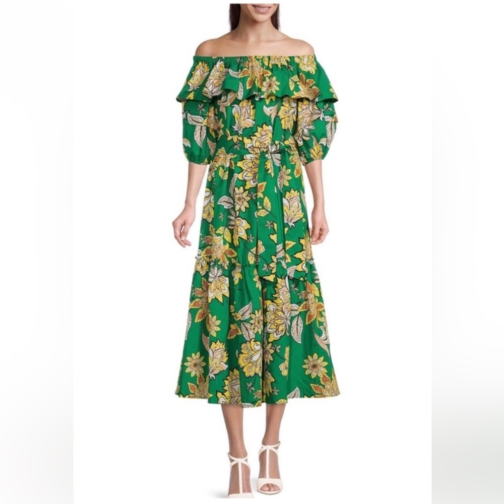 Gibson Latimer Green and Yellow Ruffled Off-the-Shoulder Sundress